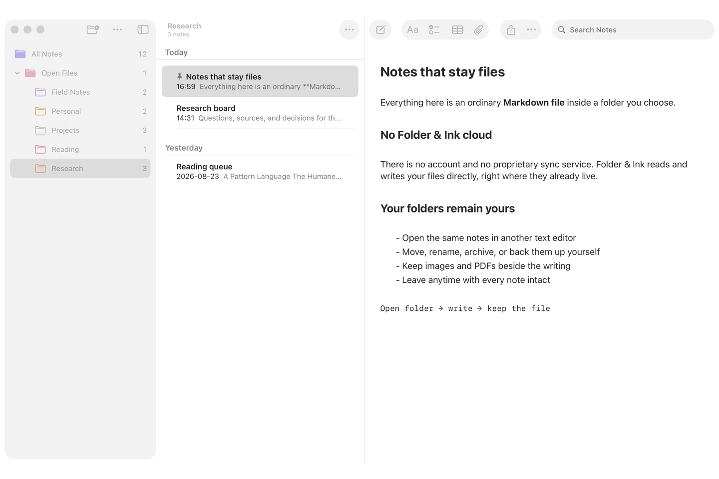 Folder & Ink on Mac showing a folder hierarchy and a note explaining that notes remain ordinary Markdown files