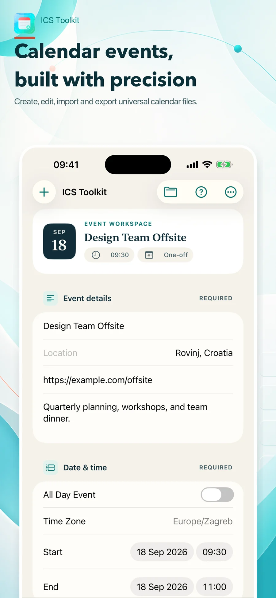 ICS Toolkit event workspace for creating a calendar event with details, date, and time