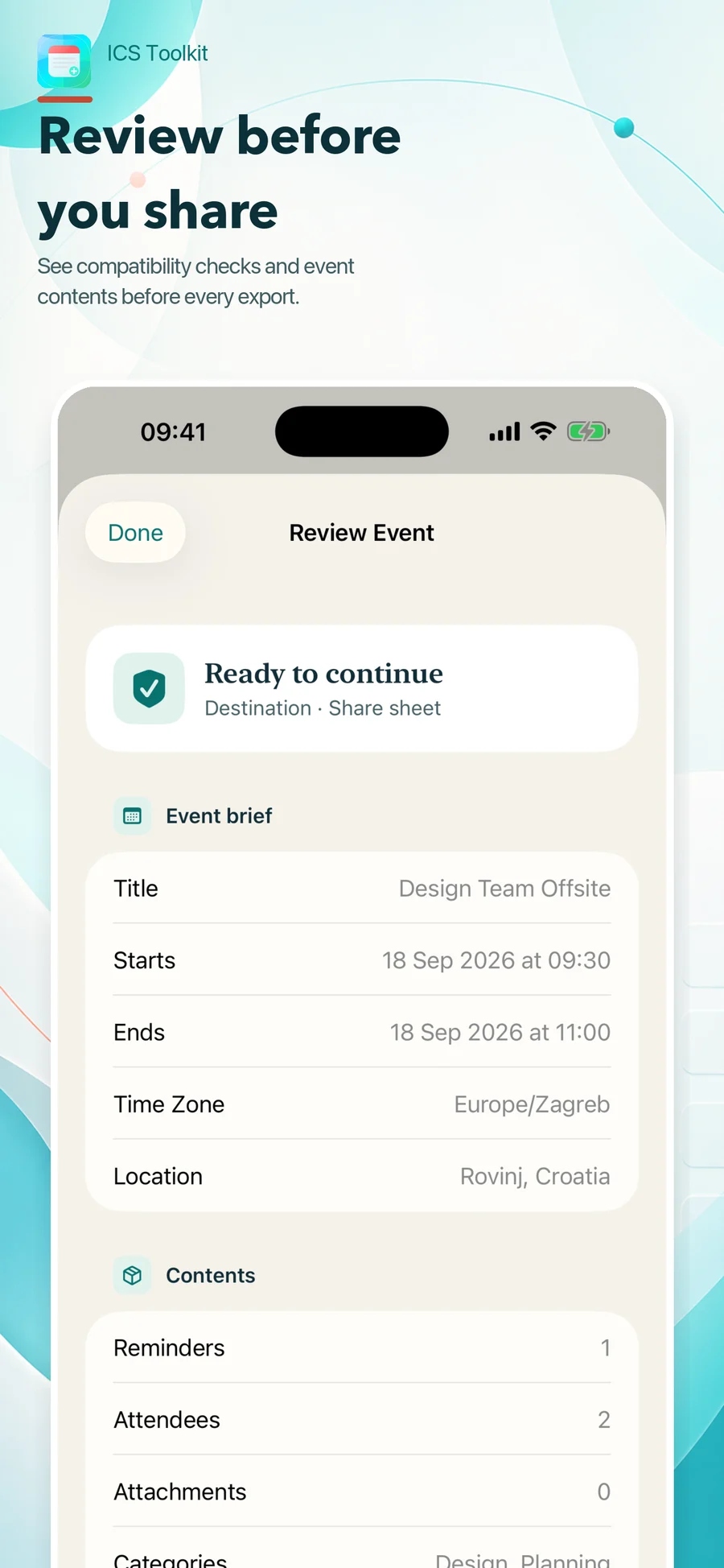 ICS Toolkit compatibility review showing an event summary before sharing