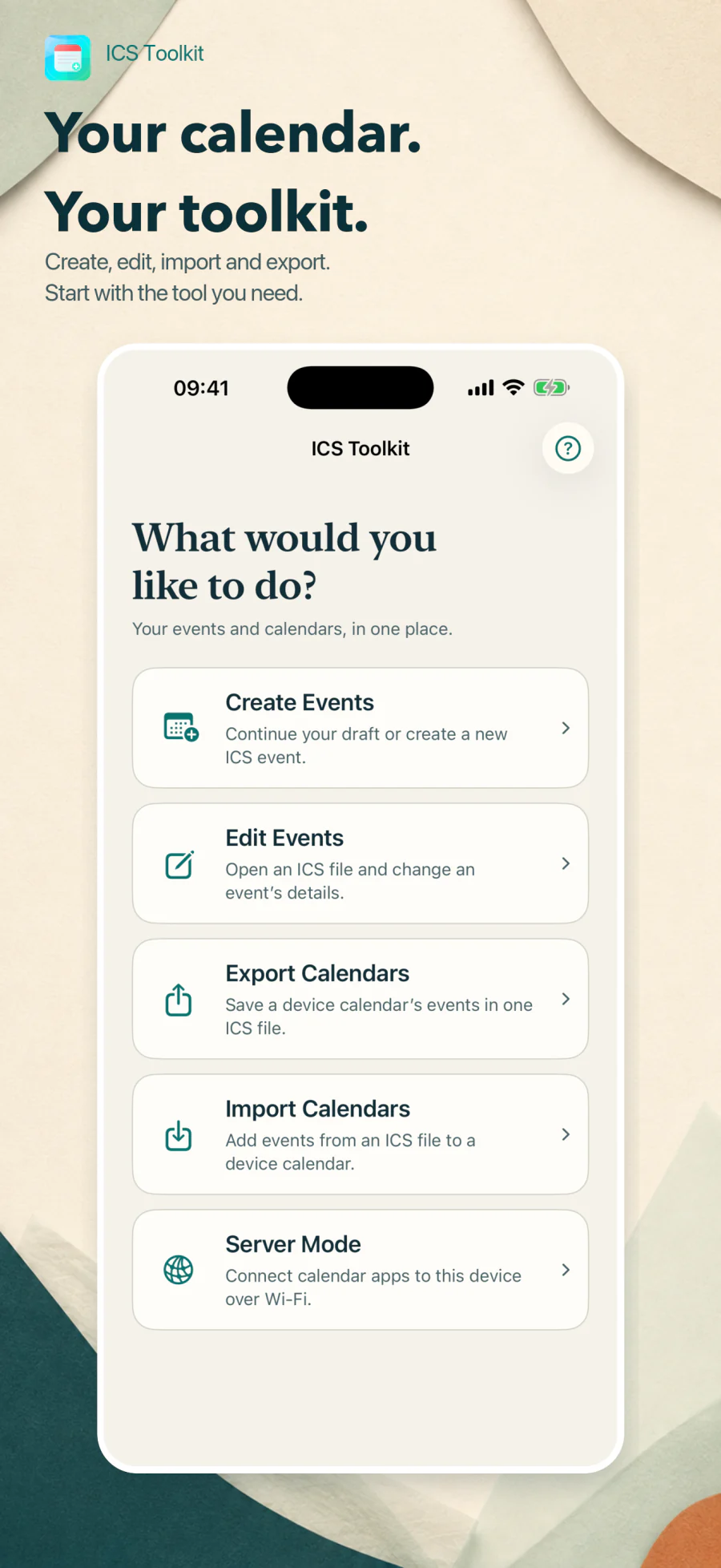 ICS Toolkit home screen with Create Events, Edit Events, Export Calendars, Import Calendars, and Server Mode