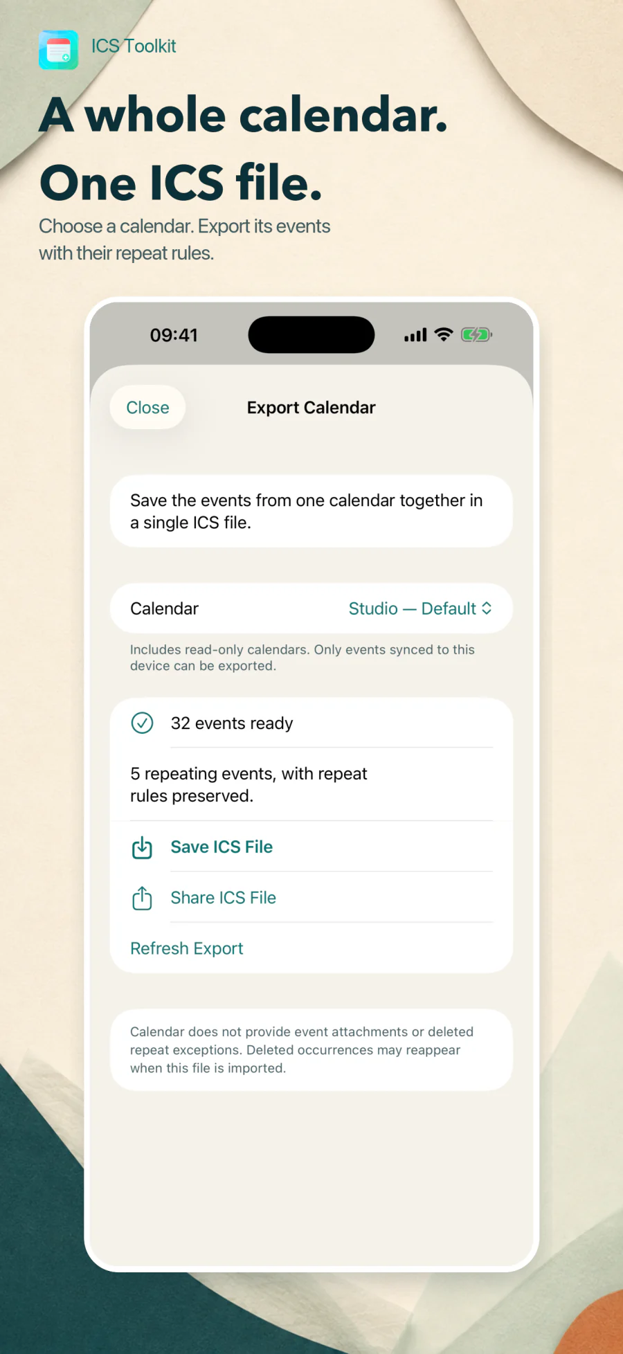 ICS Toolkit calendar export screen with 32 events ready and Save ICS File and Share ICS File actions