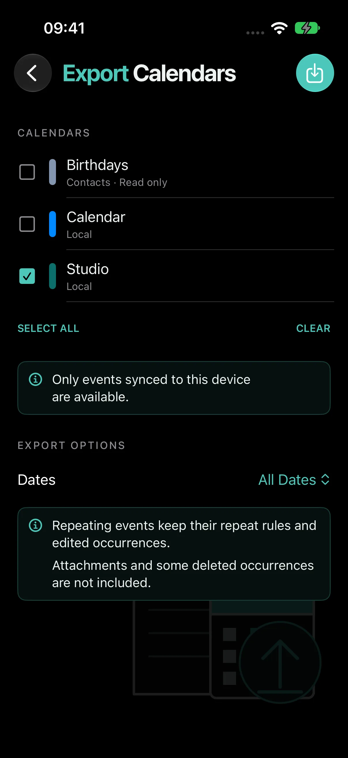 ICS Toolkit calendar export screen in dark mode with calendars to choose and export options