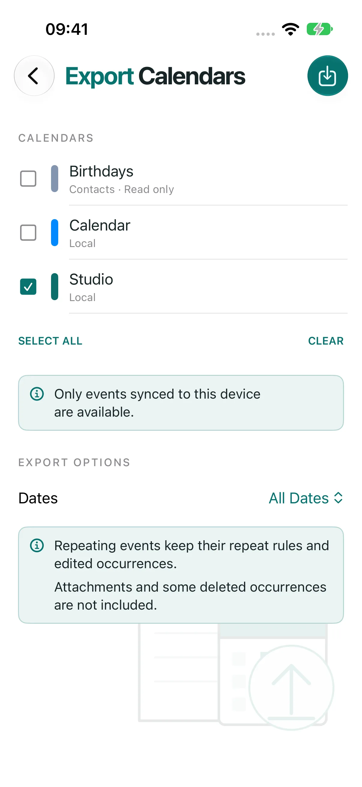 ICS Toolkit calendar export screen with events ready and Save ICS File and Share ICS File actions