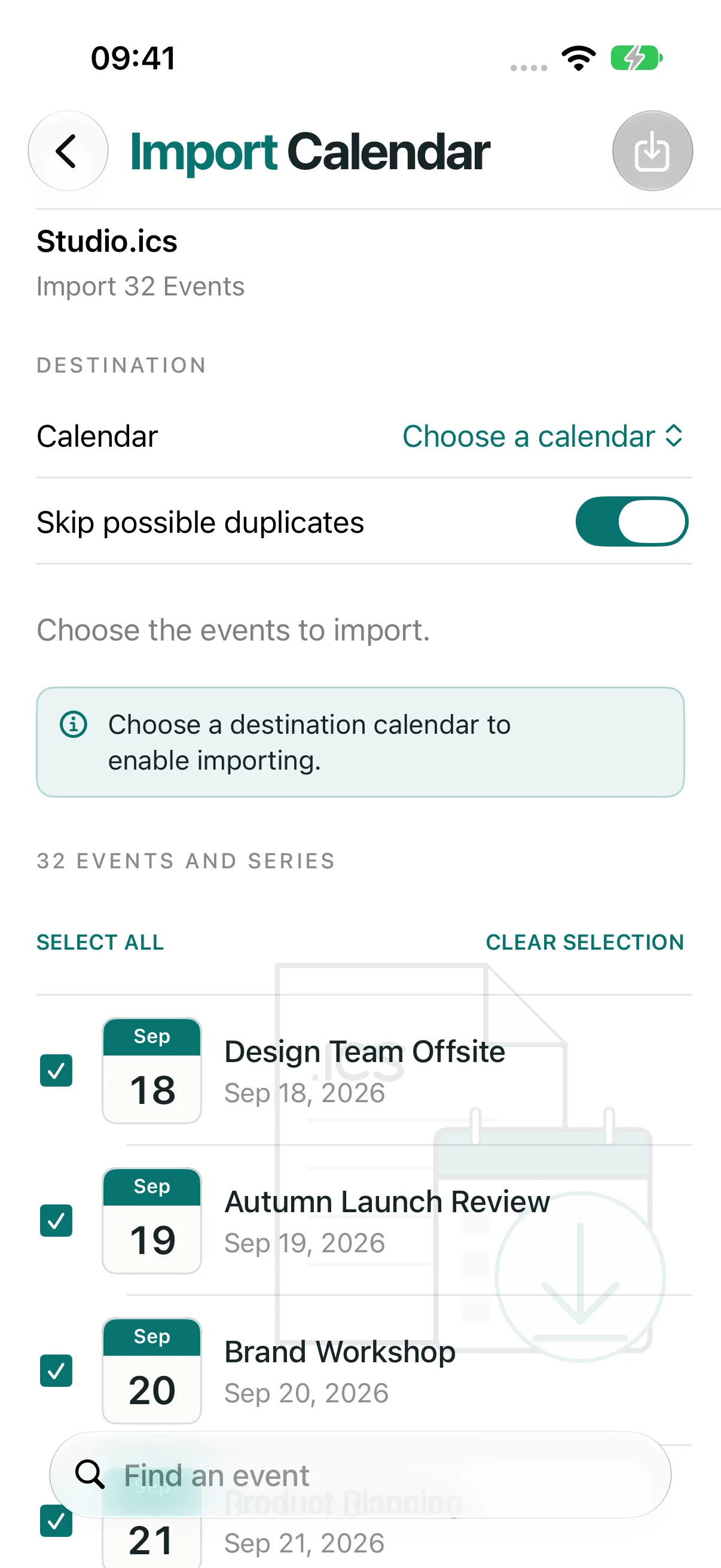 ICS Toolkit calendar import screen for importing events from an ICS file into a device calendar
