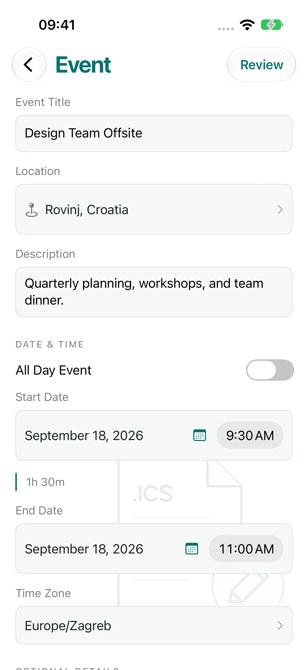 ICS Toolkit event editor with labeled title, location, notes, and date fields