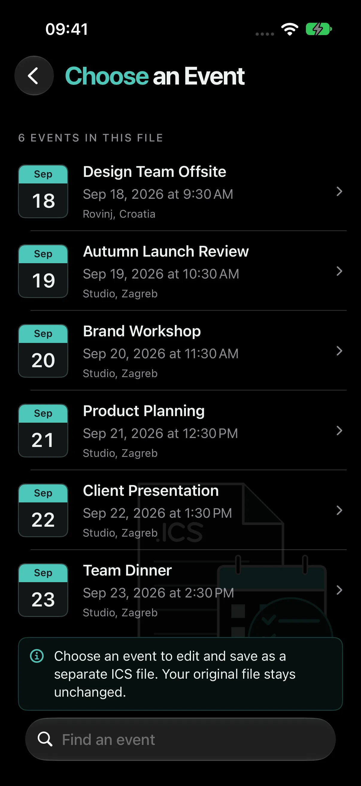 ICS Toolkit searchable event chooser in dark mode listing events from an ICS file