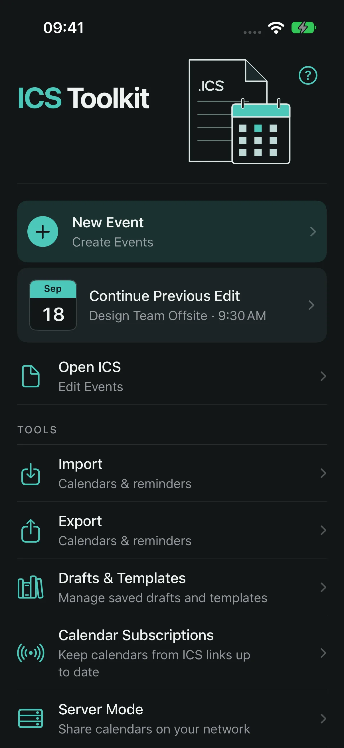 ICS Toolkit home screen in dark mode with New Event, Open ICS, Import, Export, Drafts and Templates, Subscriptions, and Server Mode