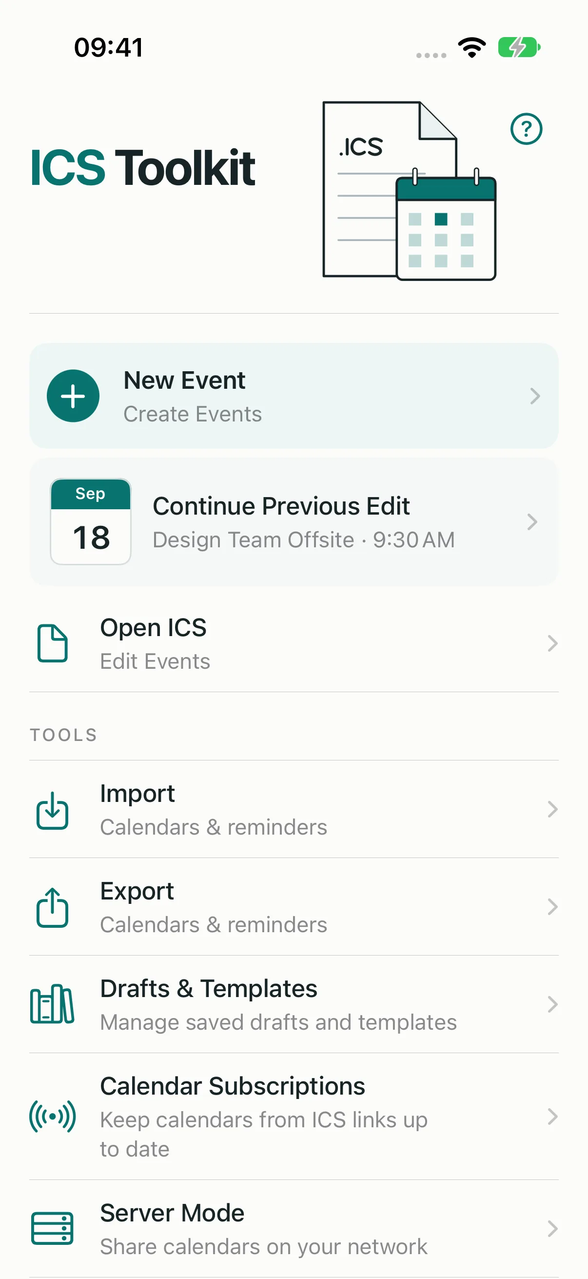 ICS Toolkit home screen with New Event, Open ICS, Import, Export, Drafts and Templates, Subscriptions, and Server Mode