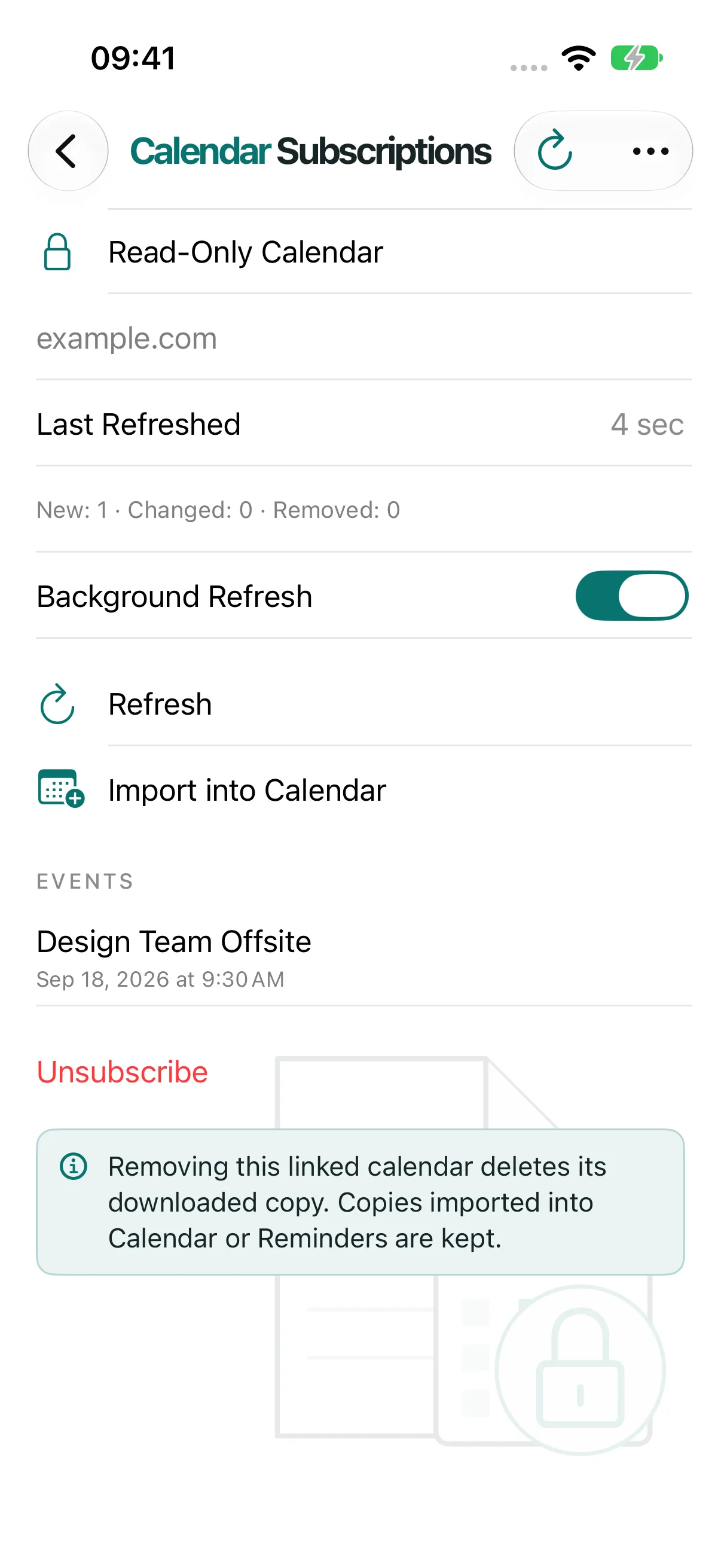 ICS Toolkit Calendar Subscriptions screen for keeping a calendar from an ICS link up to date