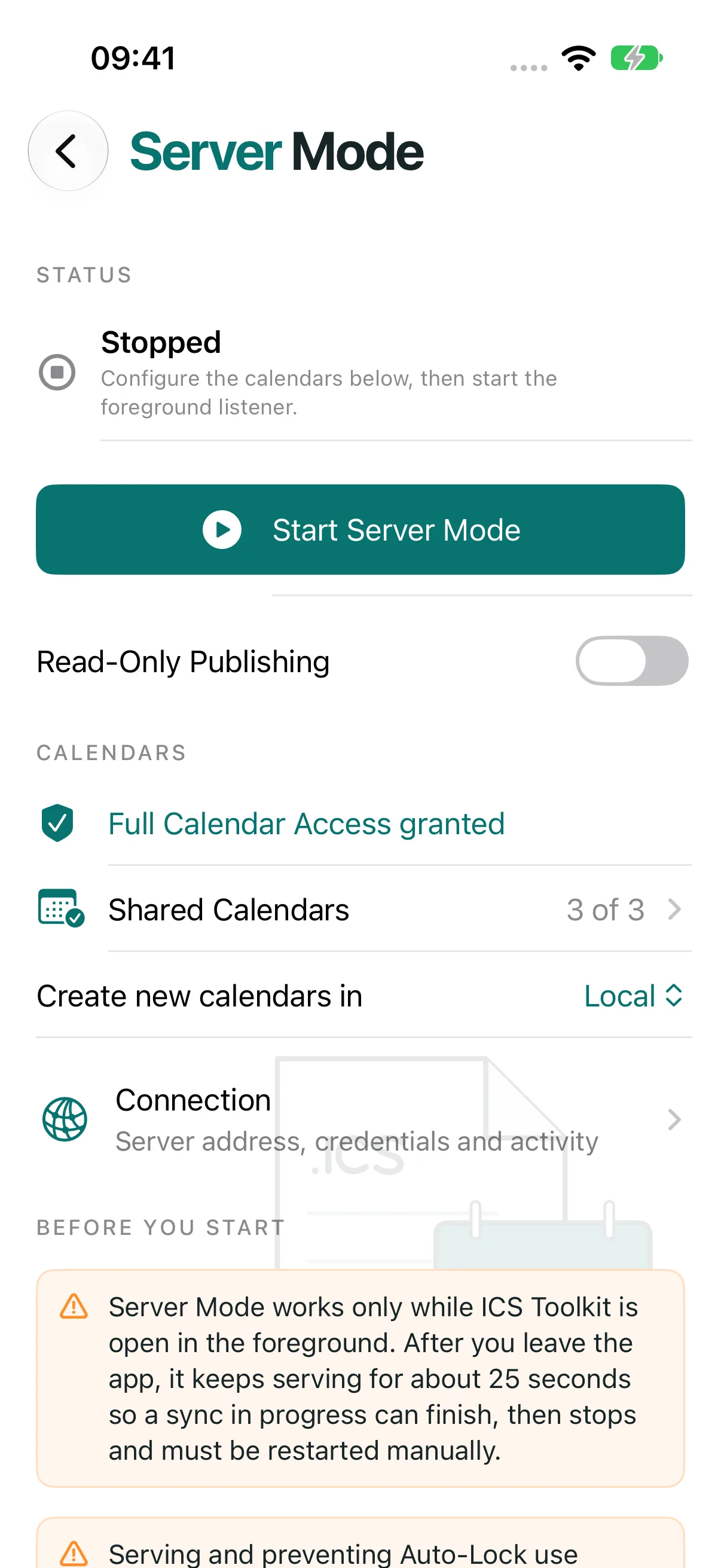 ICS Toolkit Server Mode settings for sharing selected calendars over a local network