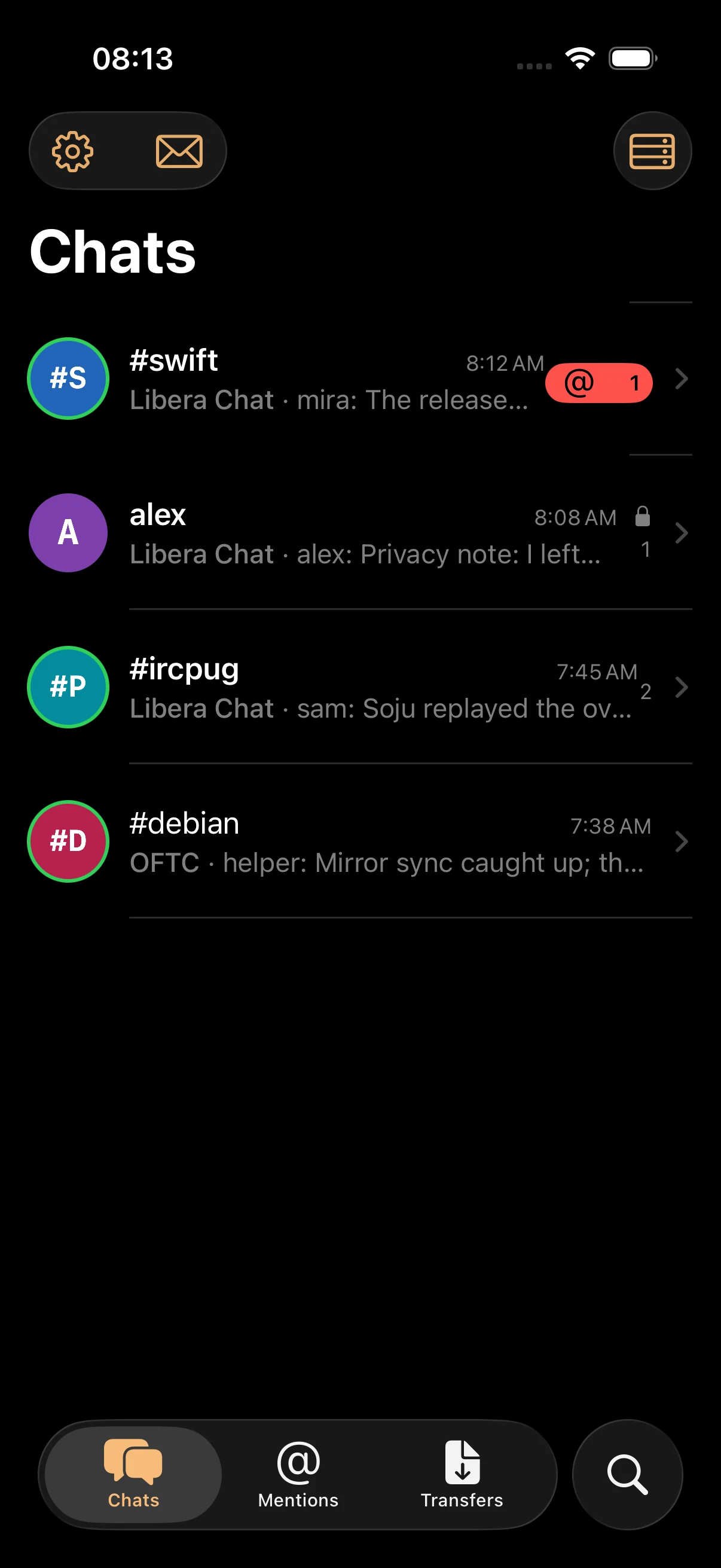 IRCpug Chats screen showing conversations across Libera Chat and OFTC in dark mode