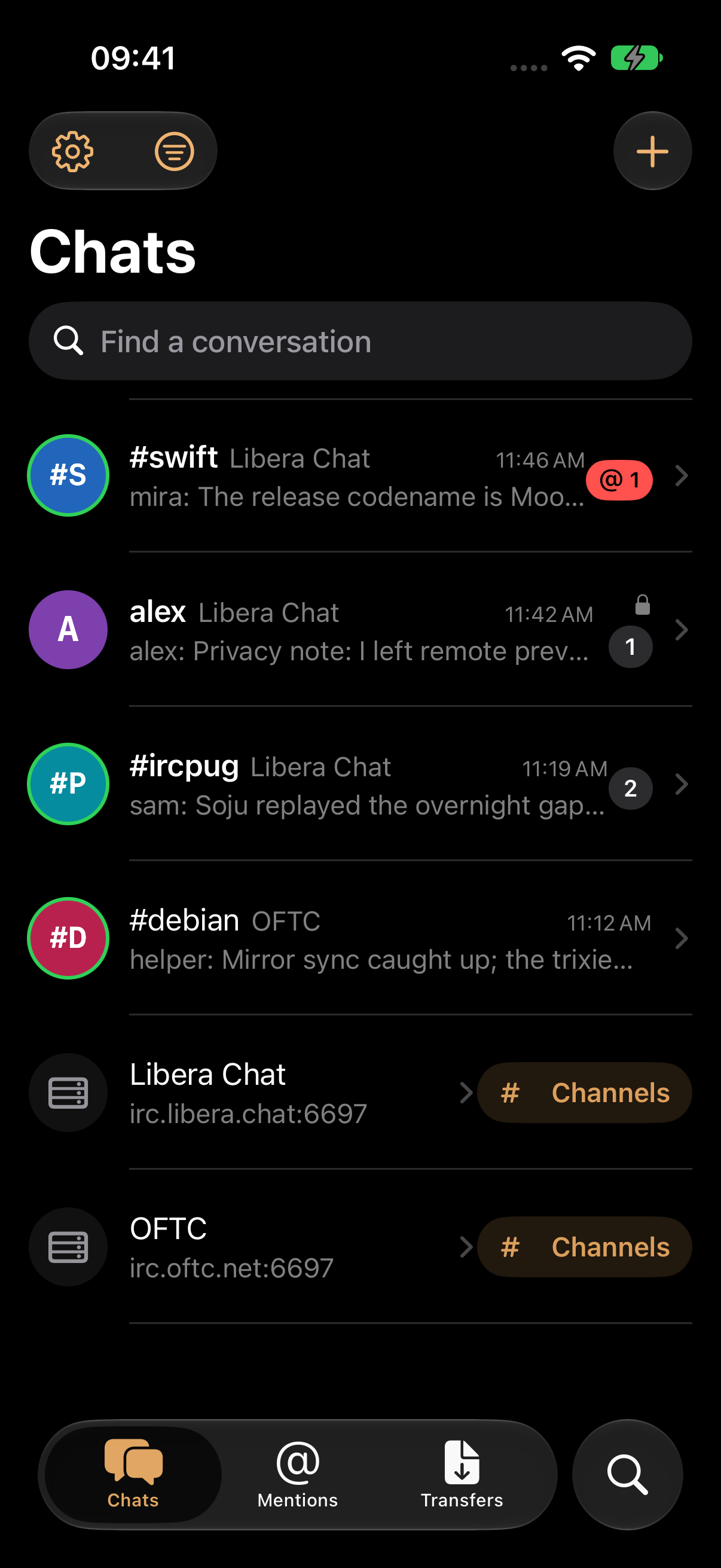 IRCpug Chats screen showing conversations across Libera Chat and OFTC in dark mode