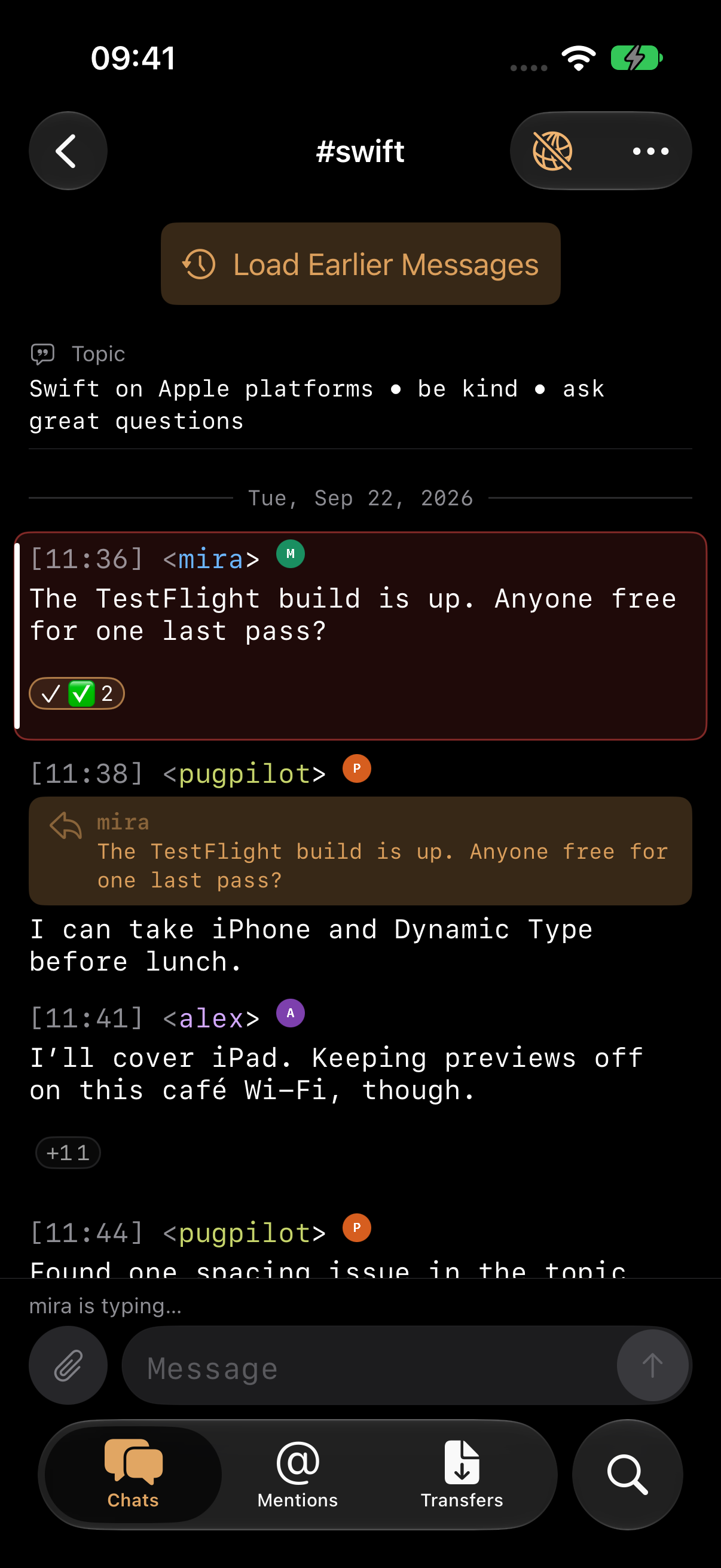 IRCpug channel conversation with timestamps, colored nicknames, reactions, replies, and the message composer