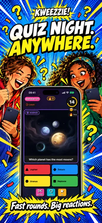 Kweezzie quiz game in night mode with four answer options and timer