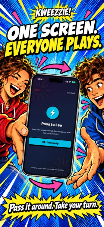 Kweezzie pass-and-play mode with private handovers and separate timers for each player