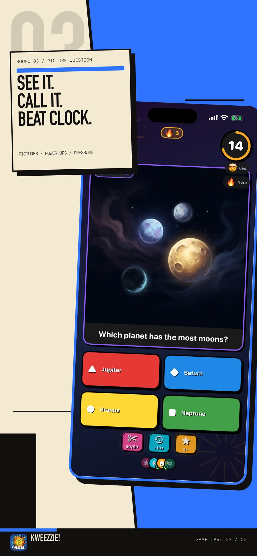 Kweezzie visual question with four answers, timer, reactions, and power-ups