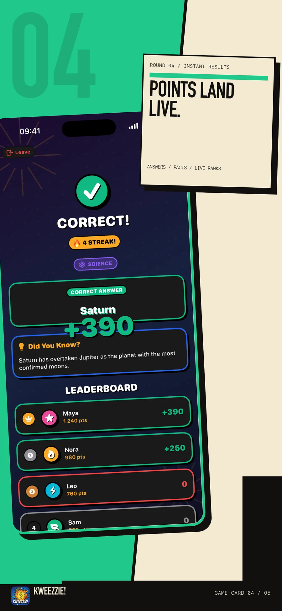 Kweezzie instant result screen with the correct answer and live leaderboard
