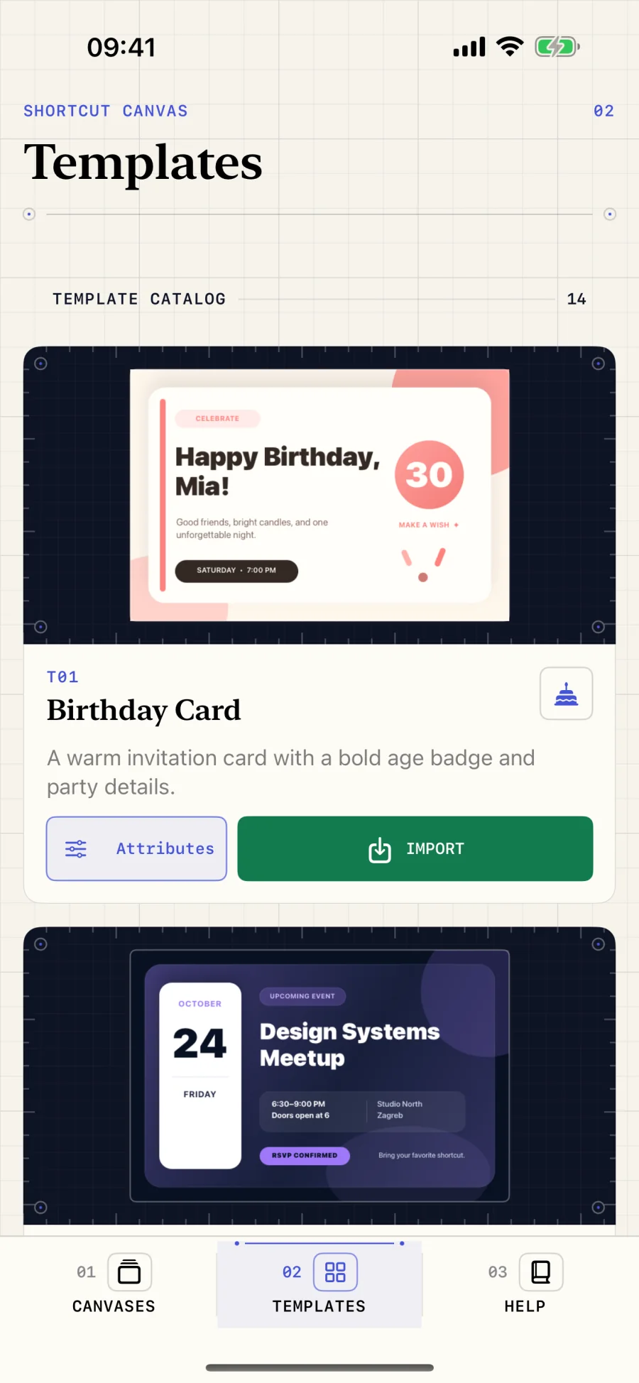 Shortcut Canvas template catalog with customizable birthday and event card designs