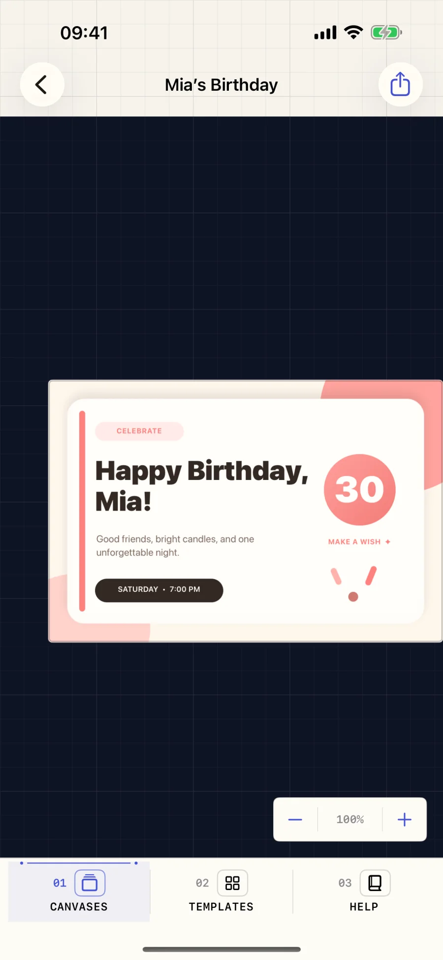 Shortcut Canvas preview showing a finished birthday card ready to export
