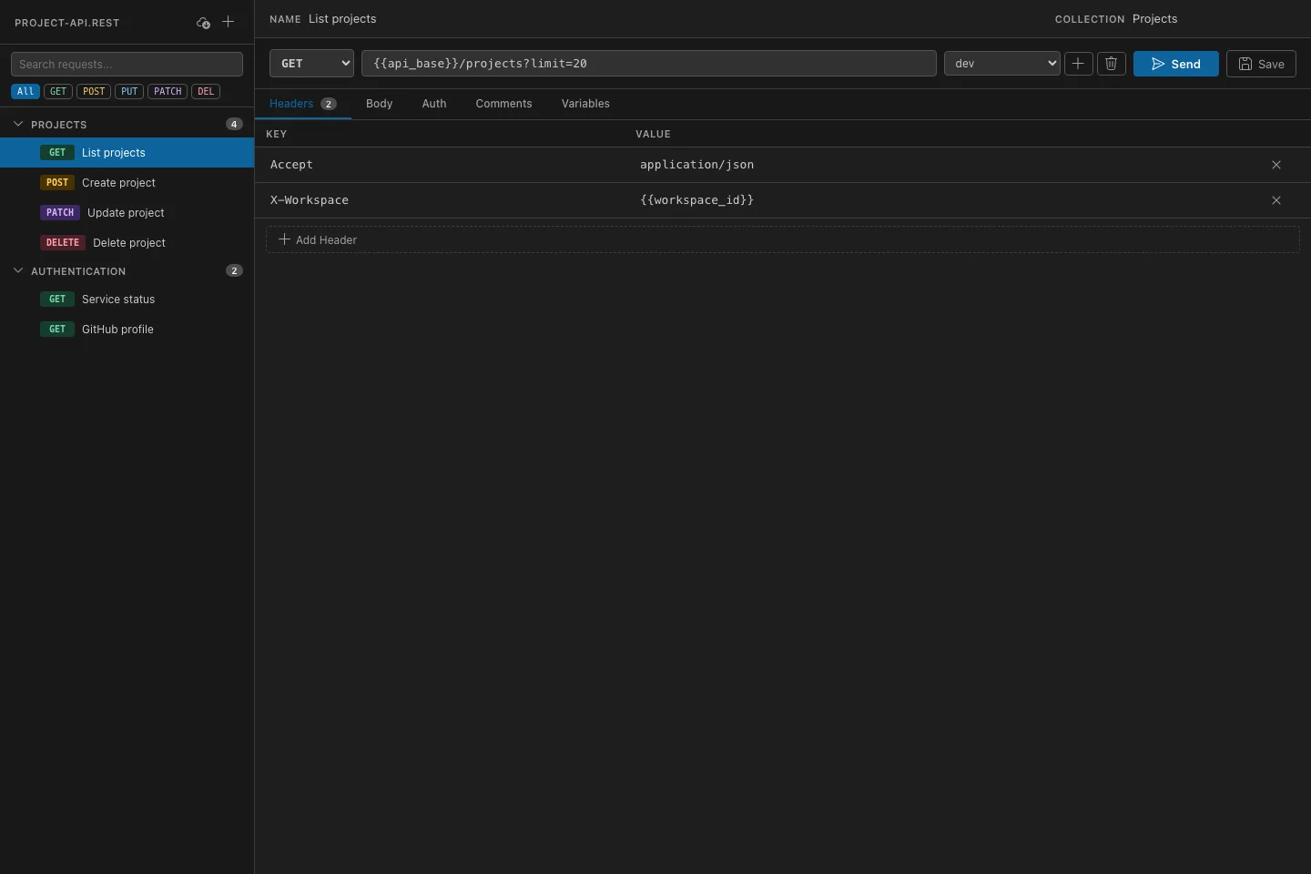 Visual REST Client overview with request sidebar, URL, headers, and editor tabs
