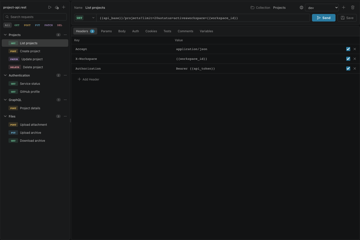 Visual REST Client overview with request sidebar, URL, headers, and editor tabs