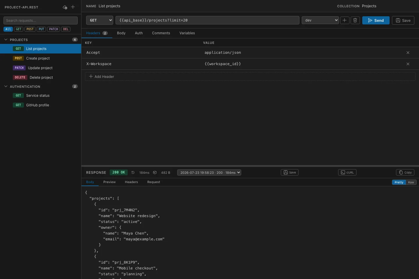 Visual REST Client response panel with formatted JSON body and request metrics