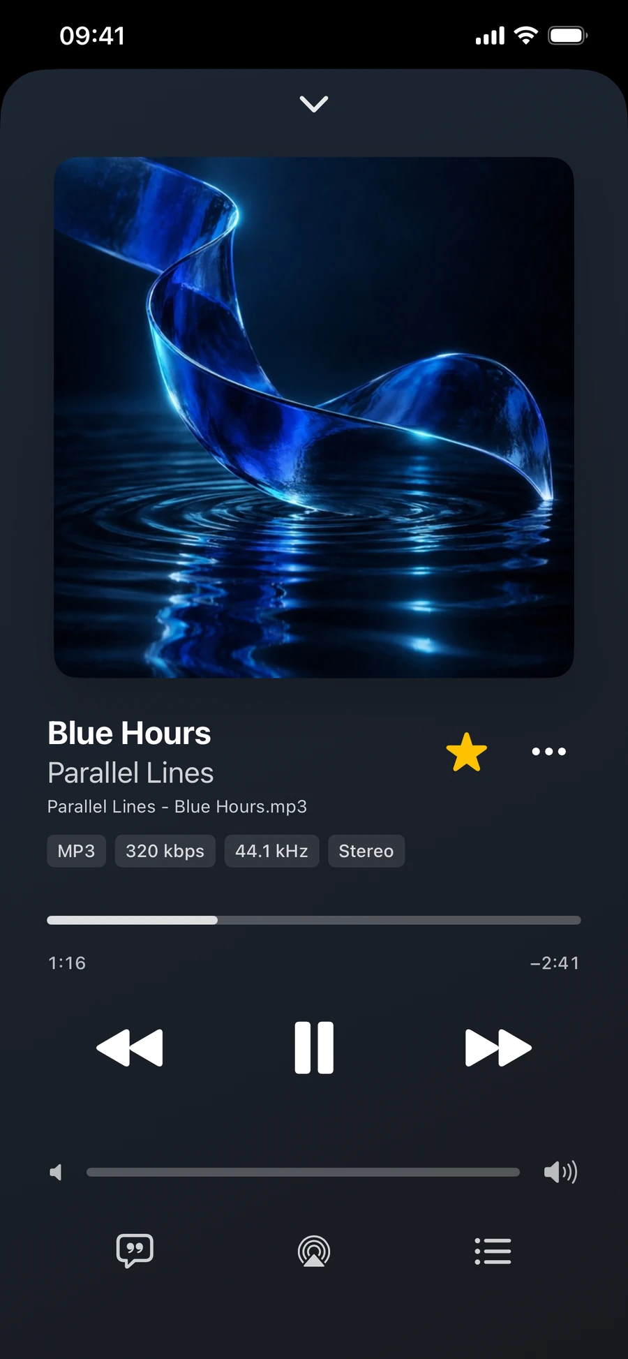 WavVv Music Player: Now Playing with album artwork, filename, audio quality badges, and playback controls in dark mode