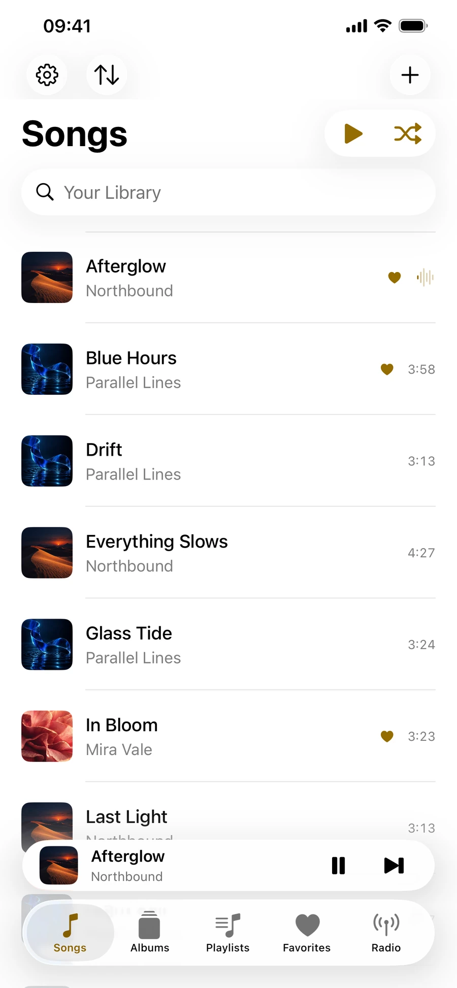 WavVv Music Player: Songs library in light mode with album covers, yellow playback controls, and the mini player
